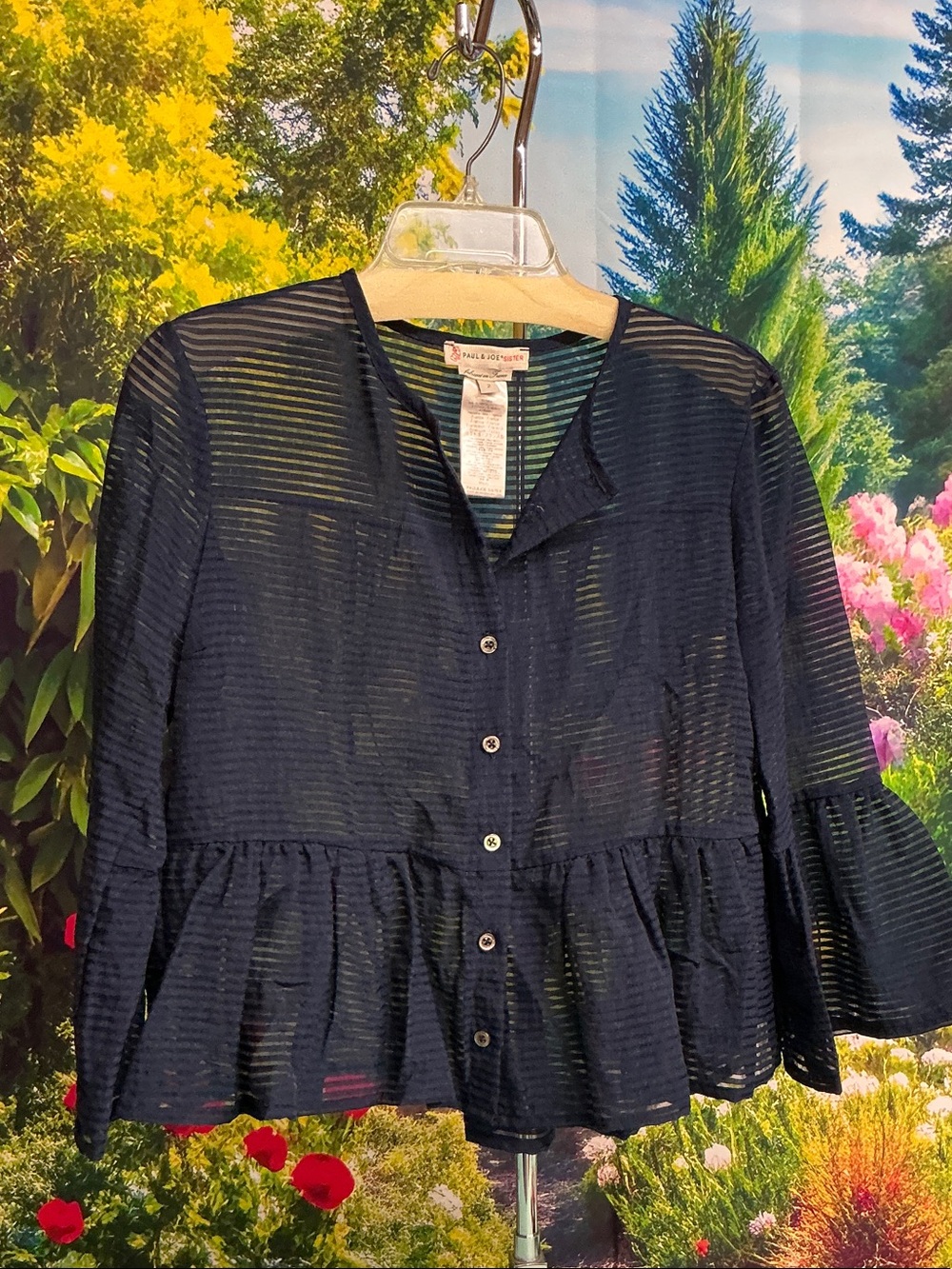 Paul & Joe Navy Semi-Sheer Textured Peplum Button-Down Top sz sm  #2201